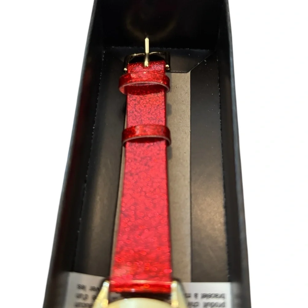 Avon Sparkle Red Strap Party Quartz Watch NIB Numerals Rhinestone Gold Face 2015